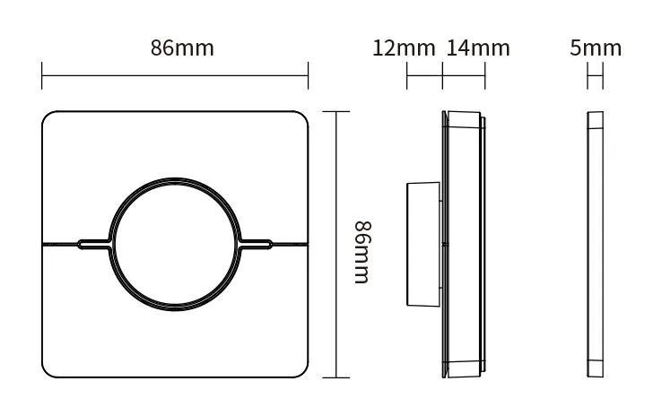 MiBoxer K0 CCT Wandfernbedienung Maßzeichnung – Abmessungen 86x86x26 mm, Frontansicht und Seitenansicht