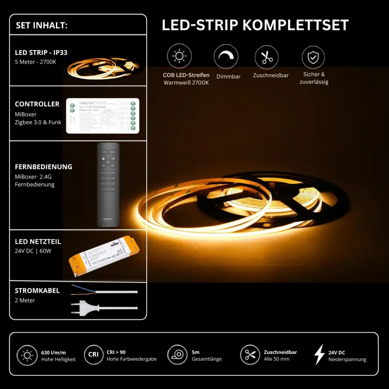 COB LED-Strip Komplettset mit 5 m warmweißem LED-Streifen 2700 K, 24 V Netzteil, MiBoxer Zigbee 3.0 & Funk Controller und 2,4 GHz Fernbedienung, CRI > 90