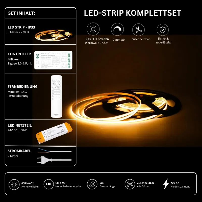 COB LED-Strip Komplettset mit 5 m warmweißem LED-Streifen 2700 K, 24 V Netzteil, MiBoxer Zigbee 3.0 & Funk Controller und 2,4 GHz Fernbedienung, CRI > 90