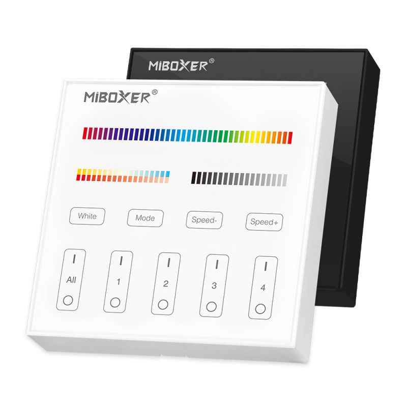 LED RGB+CCT Wandsteuerung mit 4 Zonen und 5 Kanälen, weißes Touchpanel mit 2,4 GHz Funksteuerung. Wand-Fernbedienung für Farb- und Weißlichtsteuerung von LED-Streifen und Lichtsystemen.