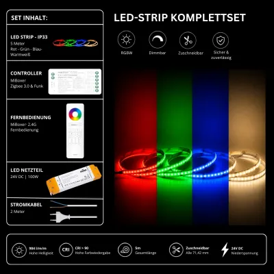 LED Strip Komplettset RGBW IP33 mit 5 Meter LED Streifen in Rot, Grün, Blau und Warmweiß, MiBoxer Zigbee 3.0 Controller, 2,4 GHz RGBW Fernbedienung, 24V 100W LED Netzteil und 2 Meter Stromkabel. Dimmbarer RGBW LED Strip mit 984 lm/m, CRI >90