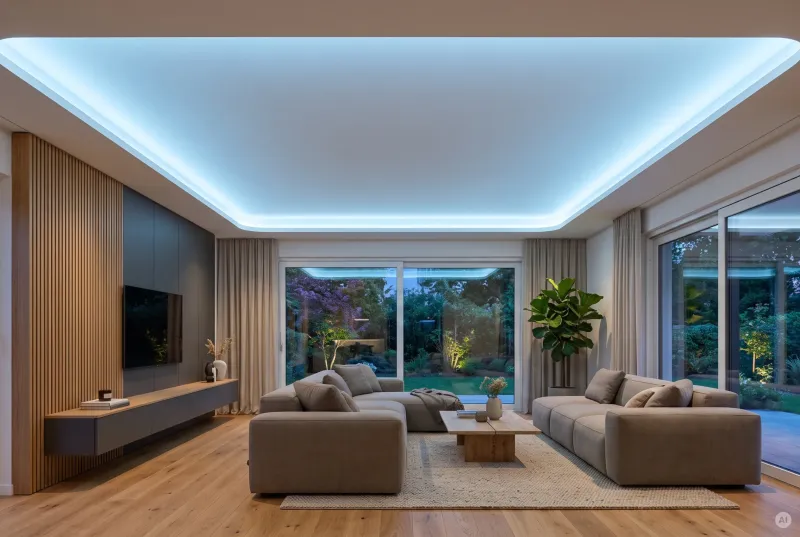 Wohnbereich mit Holzlamellen-Medienwand, grauem Ecksofa und abgerundeter Trockenbauvoute mit homogenem hellblauem LED-Lichtband an der Decke.