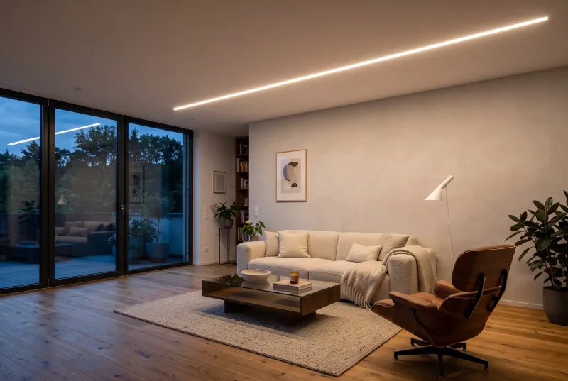 Edles Wohnzimmer mit Echtholzparkett und einer eleganten, flächenbündigen LED Lichtlinie in der glatten Gipsdecke über der Couch.