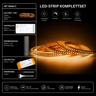 LED-Strip Komplettset Warmweiß 3000K IP20 mit 5 m SMD LED-Streifen, MiBoxer Zigbee 3.0 & Funk Controller, weißer 2,4 GHz Fernbedienung, 24V Netzteil und Anschlusskabel – dimmbar, zuschneidbar und kompatibel mit Zigbee Smart Home.