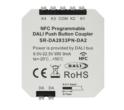SR-DA2833PN-DA2 DALI-2 Tasterkoppler 4-Kanal, NFC-programmierbar, für Taster und Bewegungsmelder SR-DA2833PN-DA2 DALI-2 Tasterkoppler 4-Kanal, NFC-programmierbar, für Taster und Bewegungsmelder