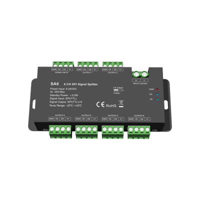 SA6 SPI Signalverstärker & Splitter – 1 Eingang, 6 Ausgänge, für digitale RGB & RGBW LED Streifen, 5–24 V DC
