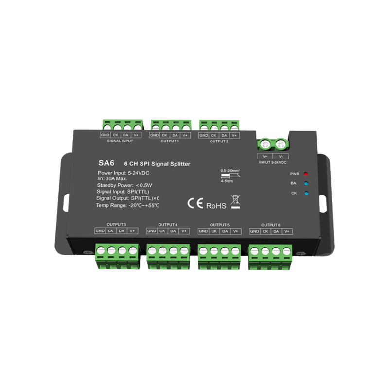 SA6 SPI Signalverstärker & Splitter – 1 Eingang, 6 Ausgänge, für digitale RGB & RGBW LED Streifen, 5–24 V DC