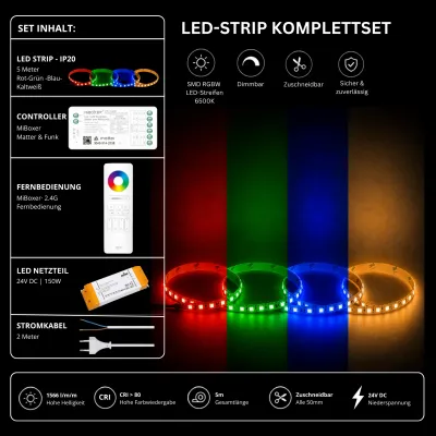 RGBW LED Streifen Komplettset 24V mit 5 m SMD LED Streifen 6500K, MiBoxer Matter Funk Controller, 2.4G Fernbedienung und 150W Netzteil