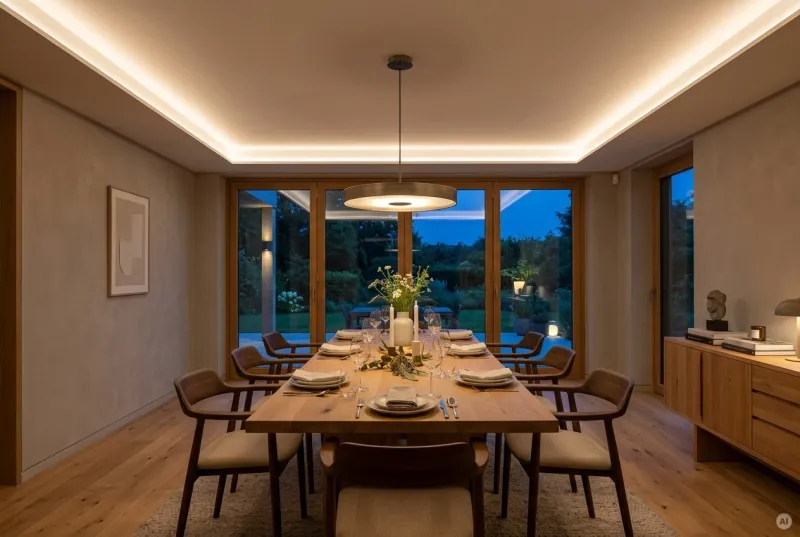 Esszimmer in der Abenddämmerung mit warmweißer LED-Voutenbeleuchtung an der Decke, runder Designer-Pendelleuchte und großem Holztisch.