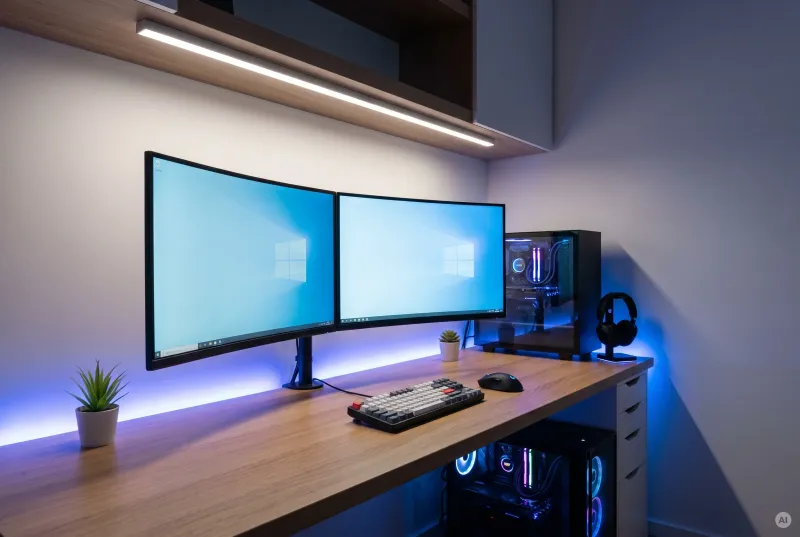 Ergonomischer Schreibtisch mit zwei Monitoren, einer neutralweißen LED-Lichtleiste als Arbeitslicht unter dem Regal und blauer LED-Hintergrundbeleuchtung.
