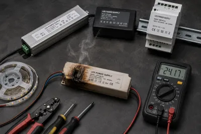 falsches-led-netzteil-werkbank-uebersicht-led-treiber-hutschiene-aufbau-ip67