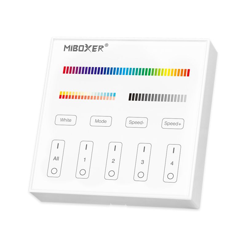 RGB+CCT LED Wandsteuerung mit 4 Zonen und 5 Kanälen, weißes 2,4 GHz Touchpanel zur Steuerung von LED-Streifen mit Farb- und Weißlichtregelung. Wandmontage mit Glasoberfläche und präziser Touchbedienung.