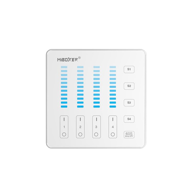 Frontansicht der MiBoxer B5 LED-Wandfernbedienung mit Touchpanel zur 4-Zonen-Dimmsteuerung, 1 Kanal, 5 Szenen, 2,4 GHz Funk