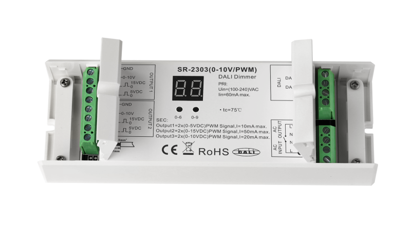 SR-2303 DALI auf 0-10V/PWM Konverter 2-Kanal mit Digital-Display und AC-Relais