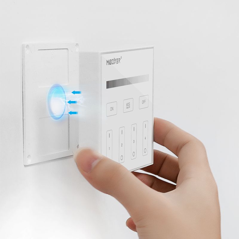 MI-B1 / MiLight B1 LED Wandfernbedienung in Weiß – 4-Zonen Touchpanel mit 2,4 GHz Funksteuerung, magnetischer Wandhalterung und Glasoberfläche. Einfache Montage und kabellose Steuerung einfarbiger LED-Beleuchtung, kompatibel mit MiBoxer LED-Controllern.