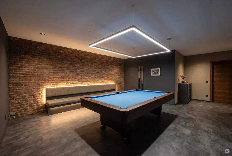 Großes Billardzimmer im Keller mit blauer Tuchbespannung, einer maßgefertigten rechteckigen LED-Deckenleuchte und warm beleuchteter Klinkerwand hinter der Sitzbank.