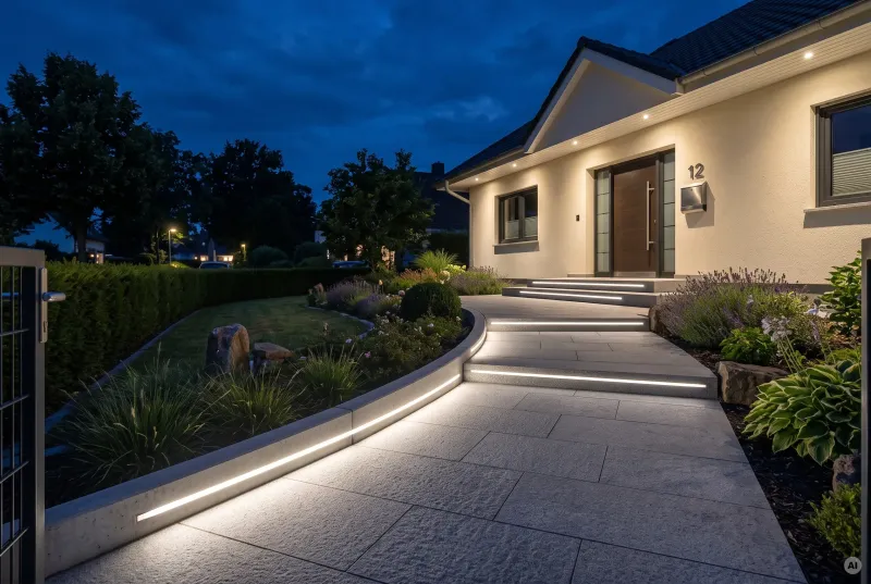 Geschwungener Gartenweg zur Haustür mit bodennahen LED-Lichtlinien in Randstein und Stufenvorderkanten.