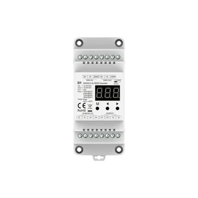 D1 DMX512 & RDM LED Controller, Frontansicht mit Digitalanzeige, Bedientasten und Klemmen für DMX In, DMX Out, Versorgung und Ausgang