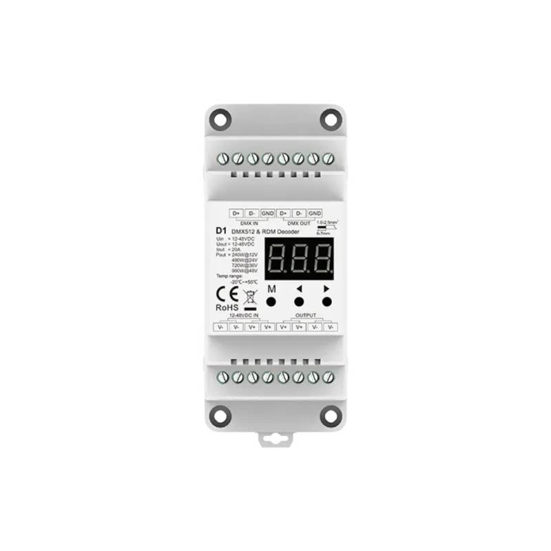D1 DMX512 & RDM LED Controller, Frontansicht mit Digitalanzeige, Bedientasten und Klemmen für DMX In, DMX Out, Versorgung und Ausgang