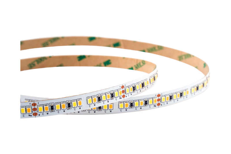 CCT LED Streifen 24V mit 192 LEDs pro Meter im unbeleuchteten Zustand – flexibles LED Band mit CRI82, Tunable-White Funktion und hochwertiger 3M-Klebefläche