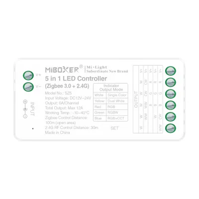 MiBoxer SZ5 LED Controller Anschlussbild RGB RGBW RGBCCT Verkabelung 12-24V Zigbee Steuerung MiBoxer SZ5 LED Controller Anschlüsse Klemmen V+ RGB RGBW RGBCCT Zigbee 3.0 12-24V Verkabelung