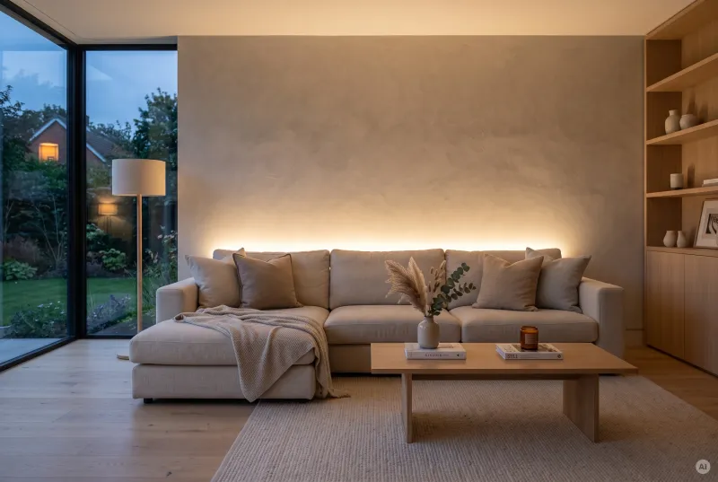 Gemütlicher Wohnbereich mit heller Couch und einer weichen, indirekten LED-Lichtkorona an der Wand hinter der Rückenlehne.