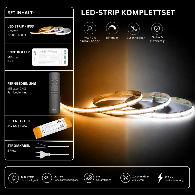 LED Streifen Komplettset CCT 24V mit 5 m LED-Streifen, MiBoxer Funk-Controller, 2,4 GHz Fernbedienung, 100W Netzteil und Stromkabel. Stufenlos einstellbare Lichtfarbe von 2700K bis 6000K für indirekte LED-Beleuchtung.