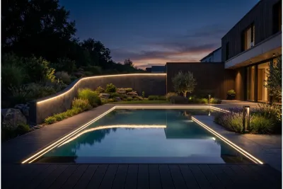 Ein moderner, rechteckiger Swimmingpool bei Nacht, der von einer durchgehenden, warmweißen LED-Lichtlinie im Boden und an einer Sichtschutzwand im Hintergrund umrahmt wird.