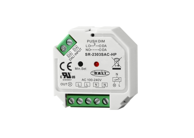 SR-2303SAC-HP DALI-2 Phasenabschnitt-Dimmer im Mini-Unterputzformat 45×45×20,3mm mit einem AC-Ausgangskanal für 100-240V, DT6-Schnittstelle, single-wire Push-DIM-Eingang für klassische 230V Wandtaster und LED-Statusanzeige