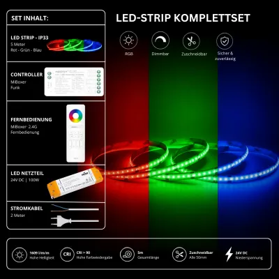 LED Strip Komplettset RGB 5m IP33 – MiBoxer Funk Controller, RGB Touch-Fernbedienung & 100W Netzteil LED Strip Komplettset RGB IP33 mit 5 Meter LED Streifen, MiBoxer Funk-Controller, RGB 2,4 GHz Touch-Fernbedienung, 24V 100W LED Netzteil und 2 Meter Stromkabel. Dimmbarer RGB LED Streifen mit 1609 lm/m, CRI >90