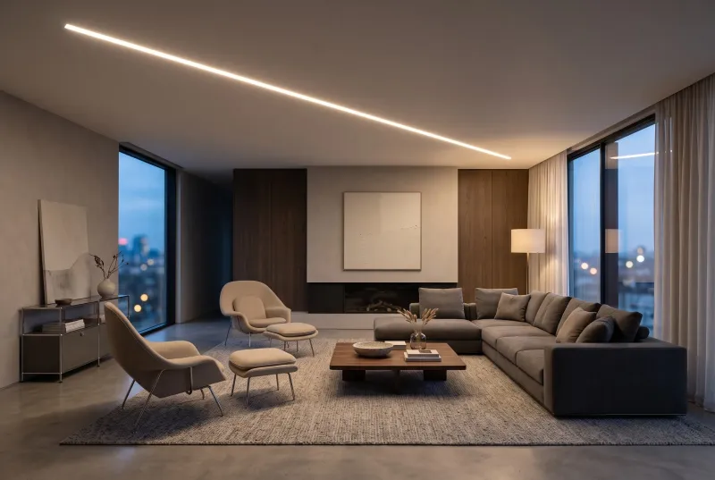 Luxuriöses, modernes Wohnzimmer am Abend mit einer langen, komplett flächenbündig in die Decke integrierten LED Lichtlinie ohne sichtbare Punkte.