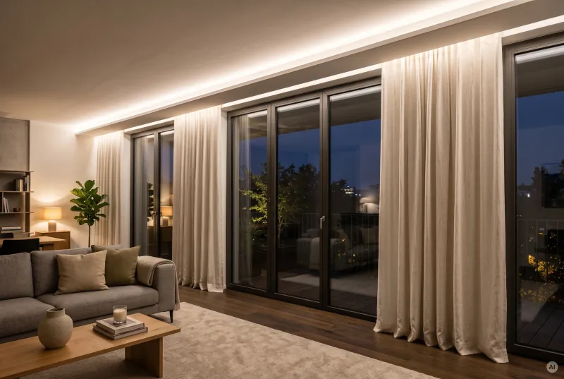 Indirekte LED-Deckenbeleuchtung entlang einer großen Fensterfront mit hellem Vorhang im modernen Wohnraum.