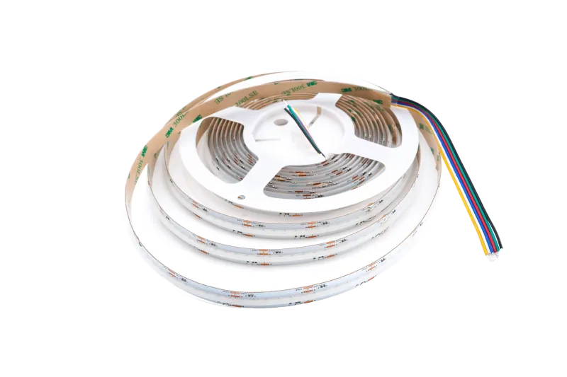 COB RGBCCT LED-Streifen 12 mm abgerollt – Chip-on-Board-Technologie mit 840 LEDs/m für durchgängiges Licht ohne sichtbare Punkte