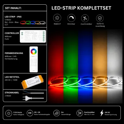 LED Streifen Set RGBCCT IP65 24V – COB LED mit SR5 Funk-Controller & C5 Fernbedienung Weiß LED Streifen Set RGBCCT IP65 mit COB LED Streifen, SR5 Funk-Controller, SS150 Netzteil und C5 Fernbedienung in Weiß.