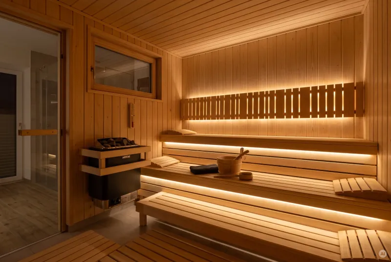 Ein geräumiger Saunaraum mit Holzausstattung, indirekter LED-Beleuchtung unter den Bänken, Zubehör und einem Harvia-Ofen.