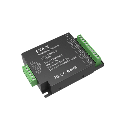 EV4-X – 4-Kanal 8A Konstantspannungs-Power-Repeater, 12–24V DC, PWM-Signalverstärker für LED-Streifen EV4-X – 4-Kanal 8A Konstantspannungs-Power-Repeater, 12–24V DC, PWM-Signalverstärker für LED-Streifen