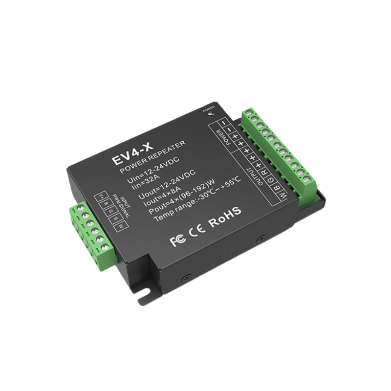 EV4-X – 4-Kanal 8A Konstantspannungs-Power-Repeater, 12–24V DC, PWM-Signalverstärker für LED-Streifen