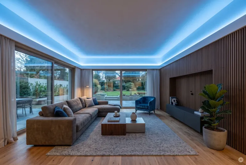 Elegantes Wohnzimmer mit dunkler Holzlamellenwand, blauem Akzentsessel und umlaufender indirekter LED-Voutenbeleuchtung in Hellblau.