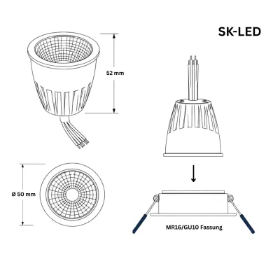 Maßzeichnung MR16 LED Spot 10W 24V DC RGBW mit 2700K Warmweiß, CRI 95 und 60° Abstrahlwinkel