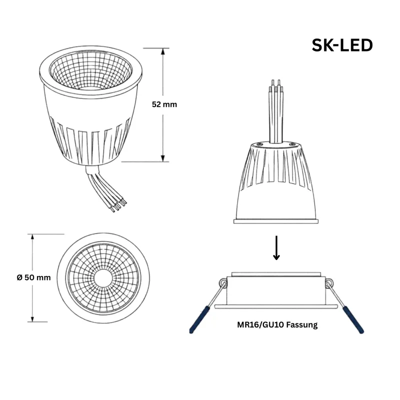 Maßzeichnung MR16 LED Spot 10W 24V DC RGBW mit 2700K Warmweiß, CRI 95 und 60° Abstrahlwinkel
