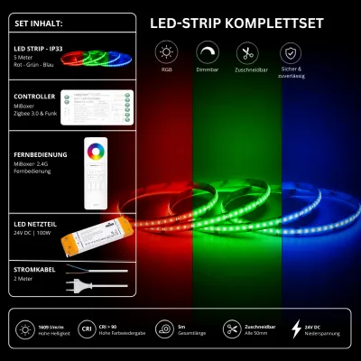 LED Strip Komplettset RGB IP33 mit 5 Meter LED Streifen, MiBoxer Zigbee 3.0 Controller, 2,4 GHz RGB Fernbedienung, 24V 100W LED Netzteil und 2 Meter Stromkabel. Dimmbares RGB LED Band mit 1609 lm/m, CRI >90
