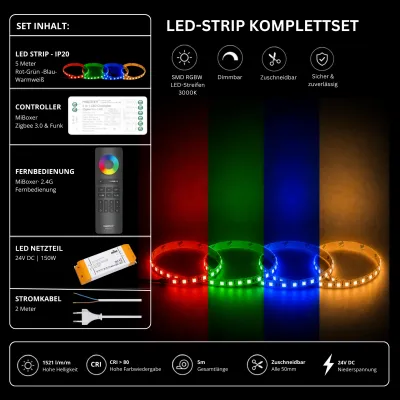 RGBW LED Streifen Komplettset 24V mit 5 m SMD LED Streifen 3000K, MiBoxer Zigbee 3.0 Funk Controller, 2.4G Fernbedienung und 150W Netzteil