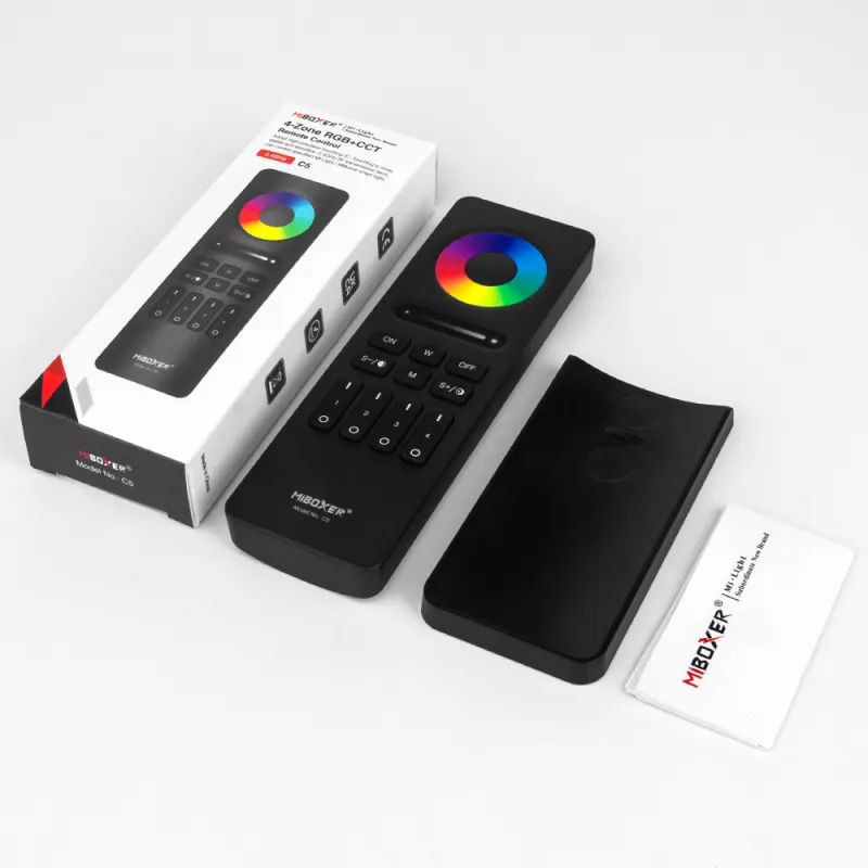 MiBoxer C5 Funkfernbedienung für RGB + CCT LED Strips, 2.4 GHz Remote Controller mit 4 Zonen, Farb-, Farbtemperatur- und Helligkeitssteuerung sowie Modustaste