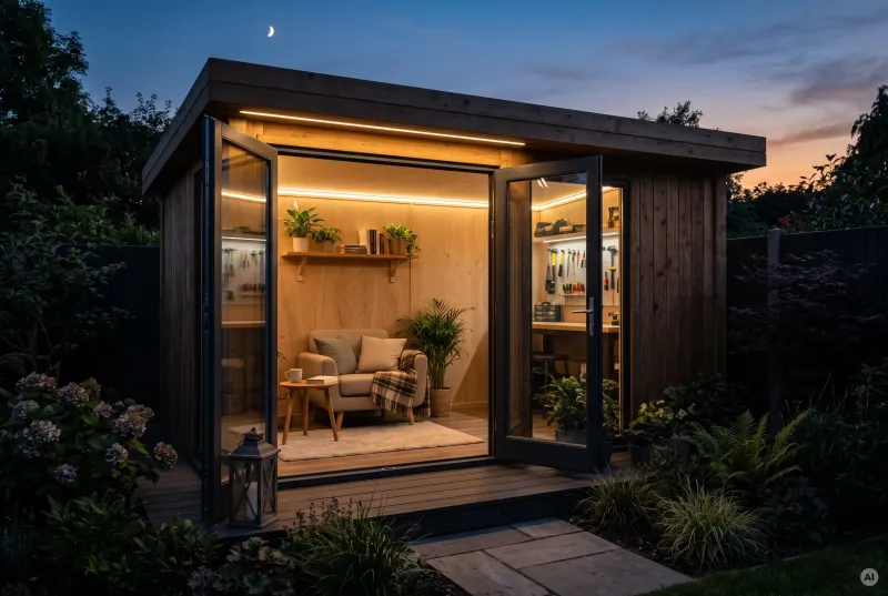 Offenes Holz-Gartenhaus bei Abenddämmerung mit warmweißer LED-Innenbeleuchtung, gemütlichem Sessel und Werkstattbereich im Hintergrund.