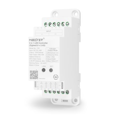 MiBoxer TZ5 LED-Controller Hutschiene Zigbee 3.0 2.4 GHz Art. 23003 MiBoxer TZ5 2-in-1 LED-Controller für Hutschiene Zigbee 3.0 und 2.4 GHz RGB RGBW RGB+CCT CCT Einfarbig 12–48 V Art. 23003