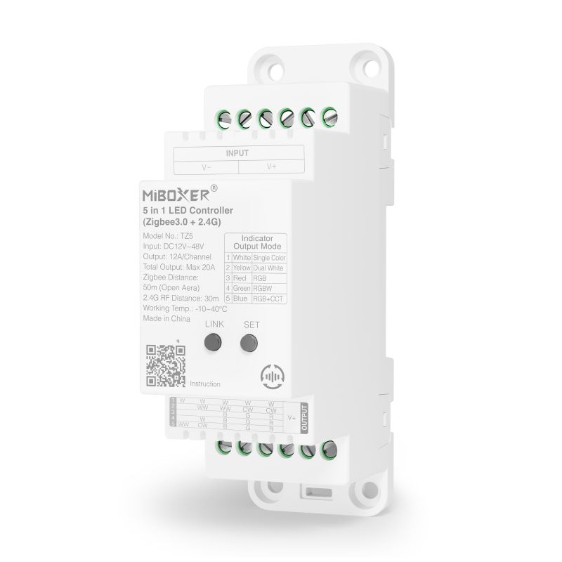 MiBoxer TZ5 2-in-1 LED-Controller für Hutschiene Zigbee 3.0 und 2.4 GHz RGB RGBW RGB+CCT CCT Einfarbig 12–48 V Art. 23003