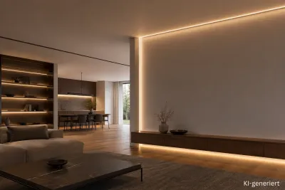 LED Aufbauprofile im Wohnraum Moderner Wohnraum mit warmweißer LED-Beleuchtung in Aufbauprofilen an Wand, Decke und Möbeln