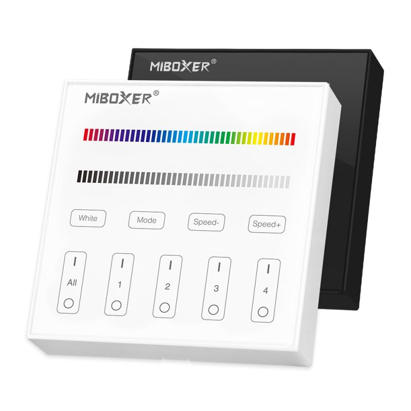 MiBoxer B3 RGBW Wandpanel in Schwarz und Weiß im Vergleich – 4-Zonen Touch-Fernbedienung, 4-Kanal, 2,4 GHz Funk, Glasoberfläche, beide Farbvarianten
