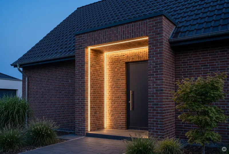 Norddeutsches Ziegelhaus mit einer übertiefen Eingangsnische, die durch seitlich verdeckte, warmweiße LED-Strips beleuchtet wird und die Struktur der Klinkersteine hervorhebt.