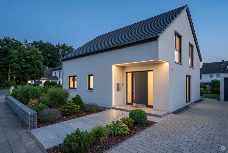 Zurückgesetzter Hauseingang eines modernen Einfamilienhauses mit warmweißer LED-Lichtleiste entlang des Türrahmens.